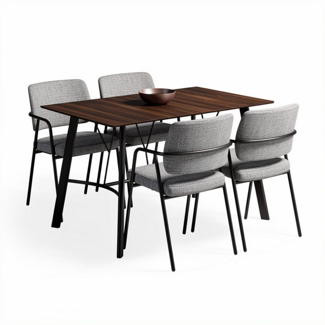 Dining table set with four upholstered chairs in grey 150 x 90 x 75cm wood and metal