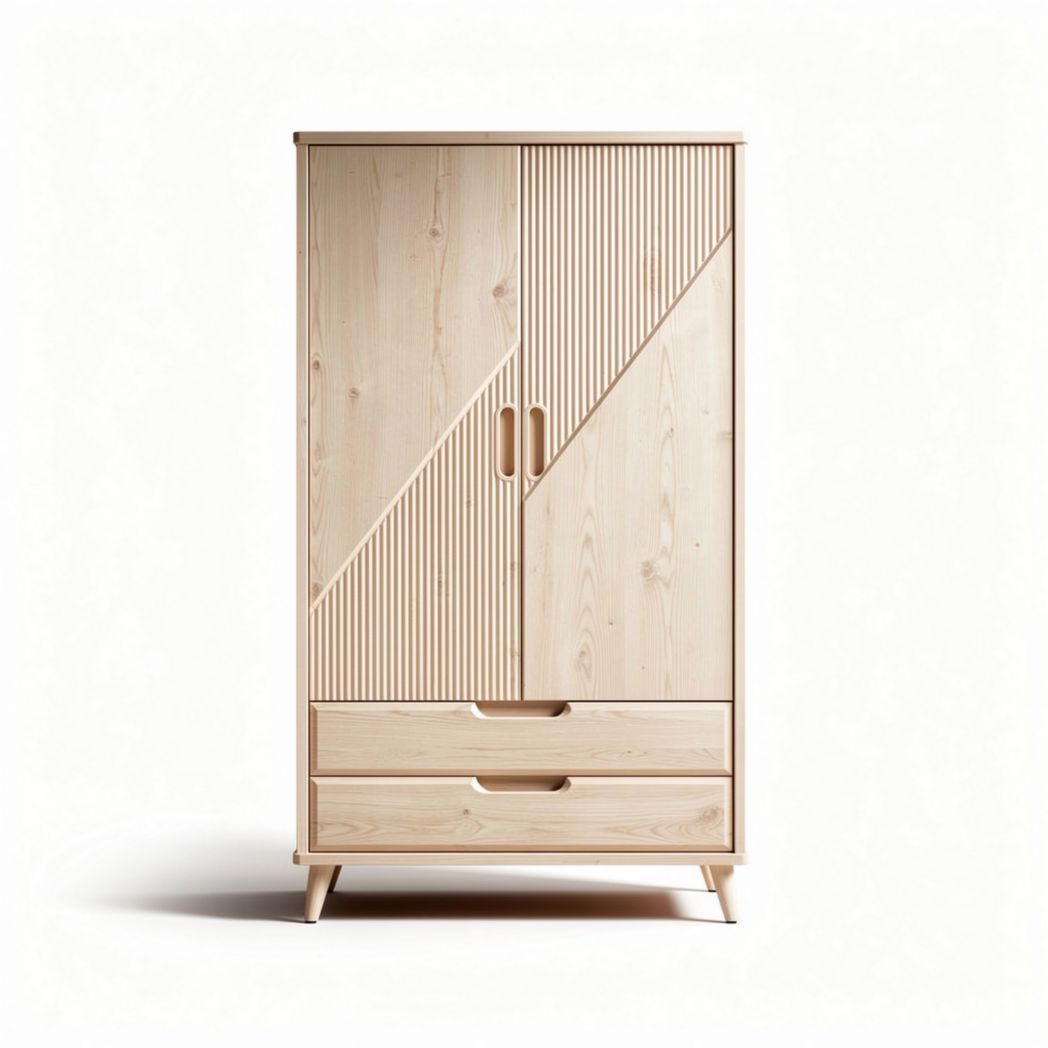 Wooden wardrobe with geometric design and two drawers 150 x 80 x 40cm