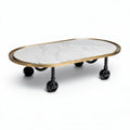 Marble top rolling coffee table with metal frame and black wheels 80 x 50 x 30cm