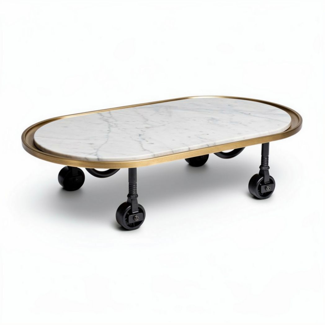 Marble top rolling coffee table with metal frame and black wheels 80 x 50 x 30cm
